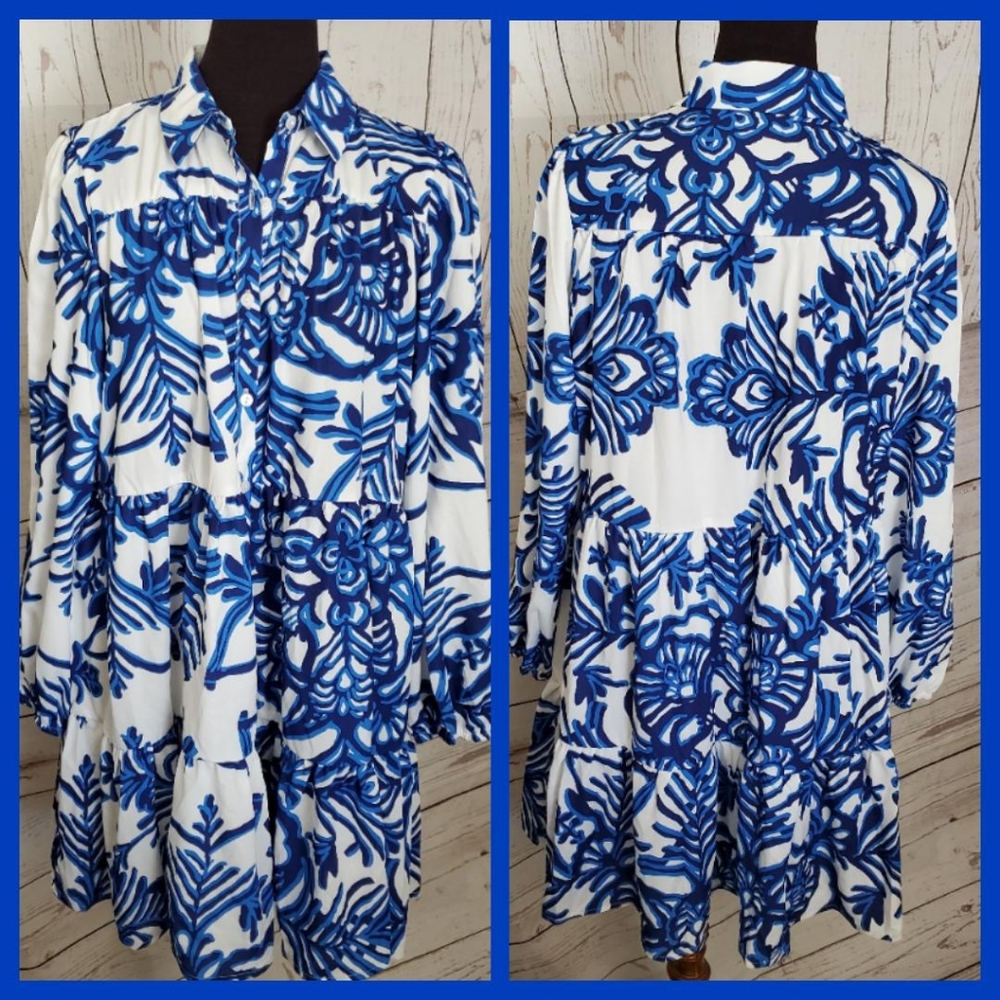 Kara and Kate tropical leaf print long sleeved belted mini dress blue, white M
